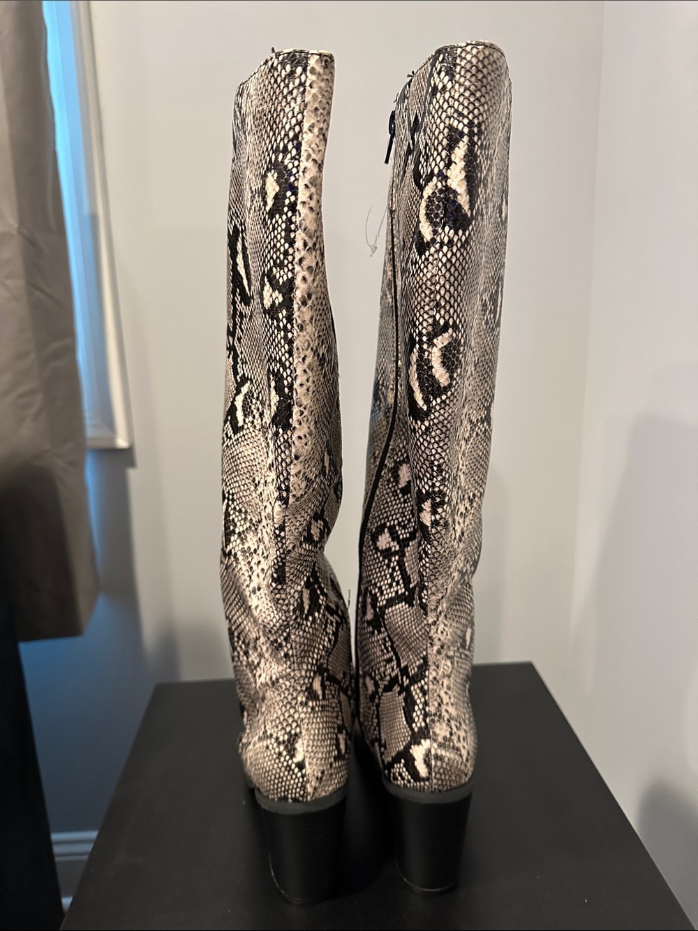 Snake Print Knee-High Block Heel Boots - Beige/Black - Picture 2 of 3